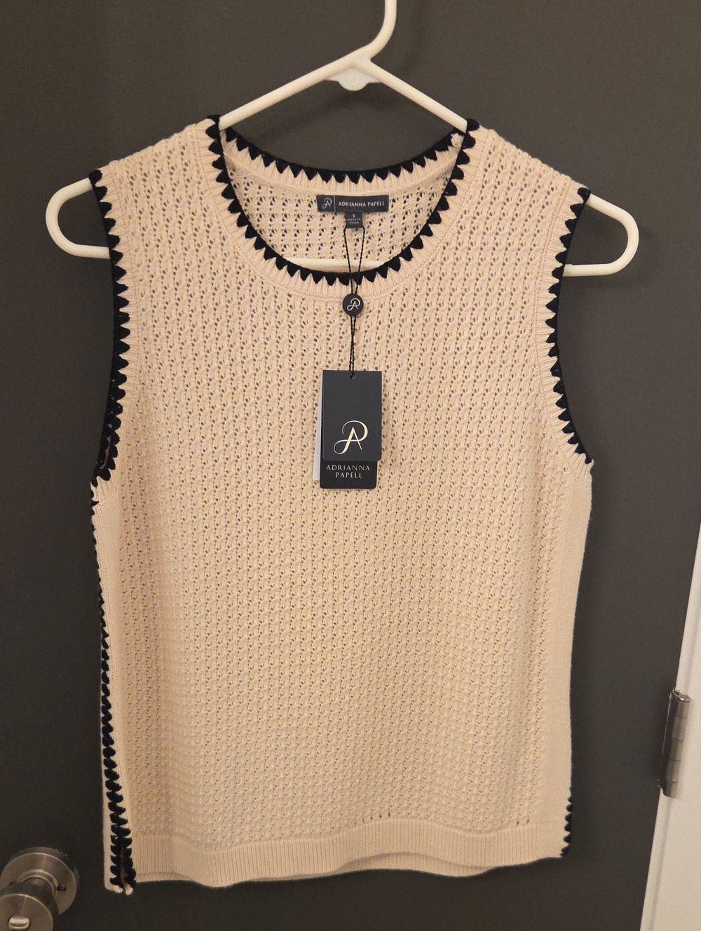 Adrianna Papell Cream Knit Sleeveless Tank with Black Trim Accents